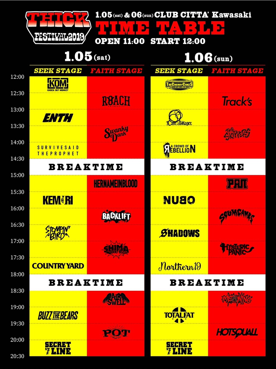 1/5 川崎「THICK FESTIVAL 2019」 タイムテーブル解禁！ | SHIMA